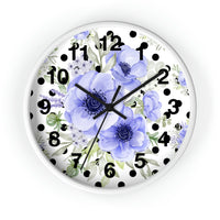 Wall Clock-Soft Blue Floral-Black Polka Dots-White