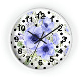 Wall Clock-Soft Blue Floral-Black Polka Dots-White