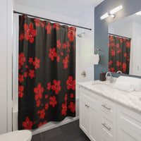 Shower Curtains-Red Floral Blossoms-Black