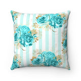 Square Pillow-Aqua Blue Floral Pinstripes