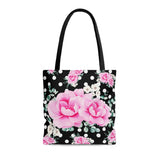 Tote Bag-Magenta Pink Floral-White Polka Dots-Black