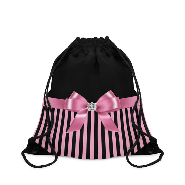 Drawstring Bag-Glam Pink Bow-Pink Black Pinstripes-Black