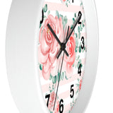 Wall Clock-Lush Pink Floral-Pink Horizontal Stripes-White