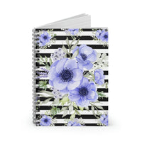 Small Spiral Notebook, 6x8in-Soft Blue Floral-Black Horizontal Stripes-White