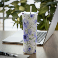 Skinny Tumbler, 20oz-Soft Blue Floral-Blue Stencil-White