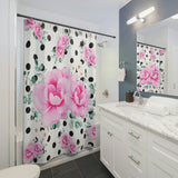 Shower Curtains-Magenta Pink Floral-Black Polka Dots-White