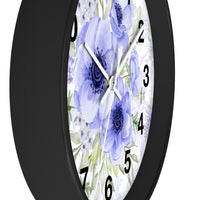 Wall Clock-Soft Blue Floral-Blue Stencil-White