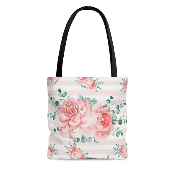 Tote Bag-Lush Pink Floral-Pink Horizontal Stripes-White