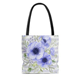 Tote Bag-Soft Blue Floral-Soft Blue Horizontal Stripes-White