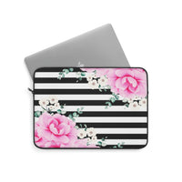 Laptop Sleeve-Magenta Pink-Floral Bash-Black Horizontal Stripes-White