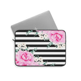 Laptop Sleeve-Magenta Pink-Floral Bash-Black Horizontal Stripes-White