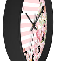 Wall Clock-Pink Floral Butterflies-Pink Horizontal Stripes