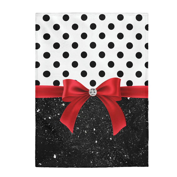 Velveteen Plush Blanket-Glam Red Bow-Black Polka Dots-Black Glitter
