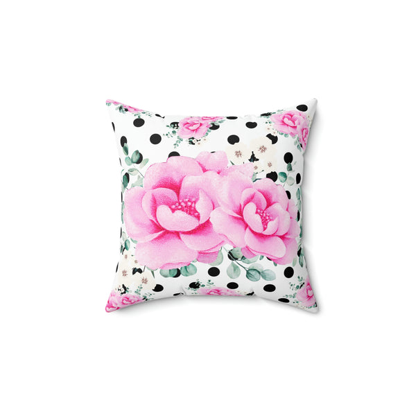 Square Pillow-Magenta Pink Floral-Black Polka Dots-White