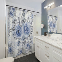 Shower Curtains-Stormy Blue-Floral Stencil-White