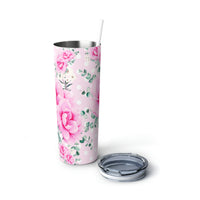 Skinny Tumbler, 20oz-Magenta Pink Floral-White Polka Dots-Pink