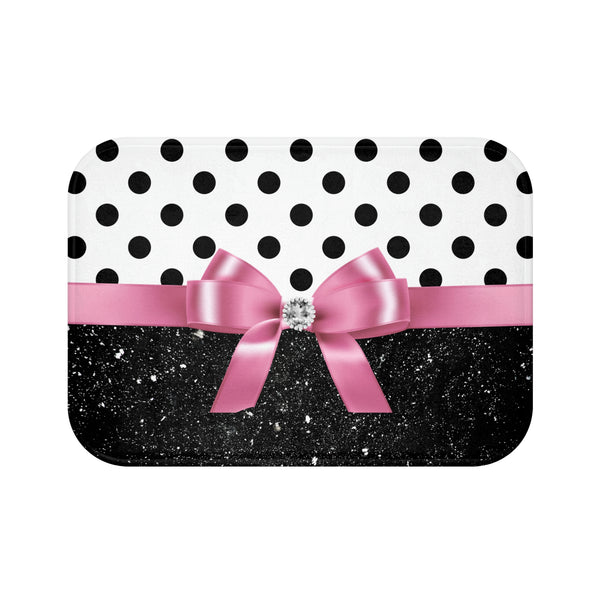 Bath Mat-Glam Pink Bow-Black Polka Dots-Black Glitter