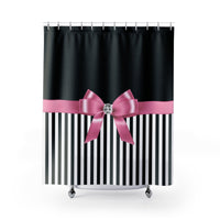 Shower Curtains-Glam Pink Bow-Black White Pinstripes-Black