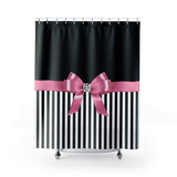 Shower Curtains-Glam Pink Bow-Black White Pinstripes-Black