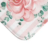 Bath Mat-Lush Pink Floral-Pink Horizontal Stripes-White