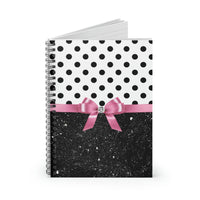 Small Spiral Notebook, 6x8in-Glam Pink Bow-Black Polka Dots-Black Glitter