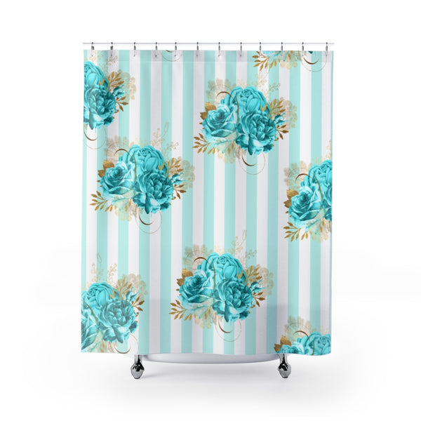 Shower Curtains-Aqua Blue-Floral Pinstripes