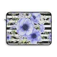 Laptop Sleeve-Soft Blue Floral-Black Horizontal Stripes-White