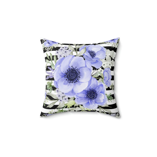 Square Pillow-Soft Blue Floral-Black Horizontal Stripes-White