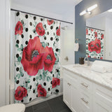 Shower Curtains-Rouge Red Floral-Black Polka Dots-White