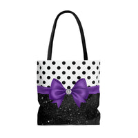 Tote Bag-Glam Purple Bow-Black Polka Dots-Black Glitter