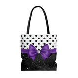 Tote Bag-Glam Purple Bow-Black Polka Dots-Black Glitter