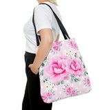 Tote Bag-Magenta Pink Floral-White Polka Dots-Pink