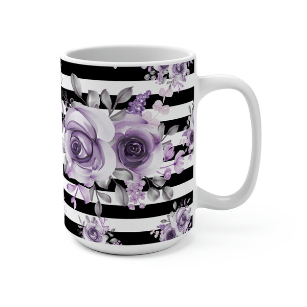 Coffee Mug 15oz-Soft Purple Floral-Black Horizontal Stripes-White