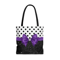 Tote Bag-Glam Purple Bow-Black Polka Dots-Black Glitter