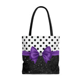 Tote Bag-Glam Purple Bow-Black Polka Dots-Black Glitter