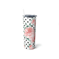 Skinny Tumbler, 20oz-Lush Pink Floral-Black Polka Dots-White