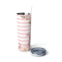 Skinny Tumbler, 20oz-Pink Floral Butterflies-Pink Horizontal Stripes