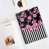 Small Spiral Notebook, 6x8in-Glam Pink Bow-Pink Stencil-Black White Pinstripes