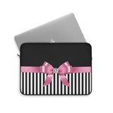 Laptop Sleeve-Glam Pink Bow-Black White Pinstripes-Black