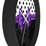 Wall Clock-Glam Purple Bow-Black Polka Dots-Black Glitter