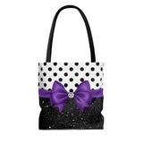 Tote Bag-Glam Purple Bow-Black Polka Dots-Black Glitter