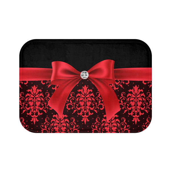 Bath Mat-Glam Red Bow-Red Lace-Black