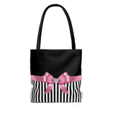 Tote Bag-Glam Pink Bow-Black White Pinstripes-Black