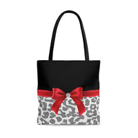 Tote Bag-Glam Red Bow-Grey Leopard-Black