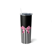 Skinny Tumbler, 20oz-Glam Pink Bow-Black White Pinstripes-Black