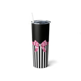 Skinny Tumbler, 20oz-Glam Pink Bow-Black White Pinstripes-Black