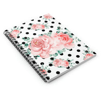 Small Spiral Notebook, 6x8in-Lush Pink Floral-Black Polka Dots-White