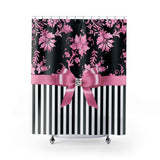 Shower Curtains-Glam Pink Bow-Pink Stencil-Black White Pinstripes