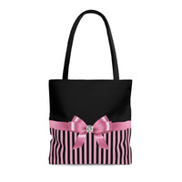 Tote Bag-Glam Pink Bow-Pink Black Pinstripes-Black