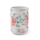 Coffee Mug 15oz-Lush Pink Floral-Pink Horizontal Stripes-White